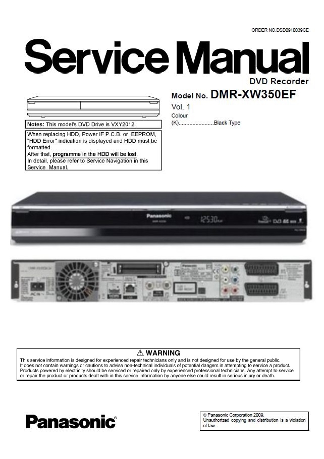 Panasonic DMR XW350 XW350EF DVD Recorder Service Manua