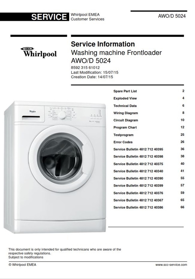 Whirlpool AWO D 5024 Washing Machine Service Manual and Technicians Guide