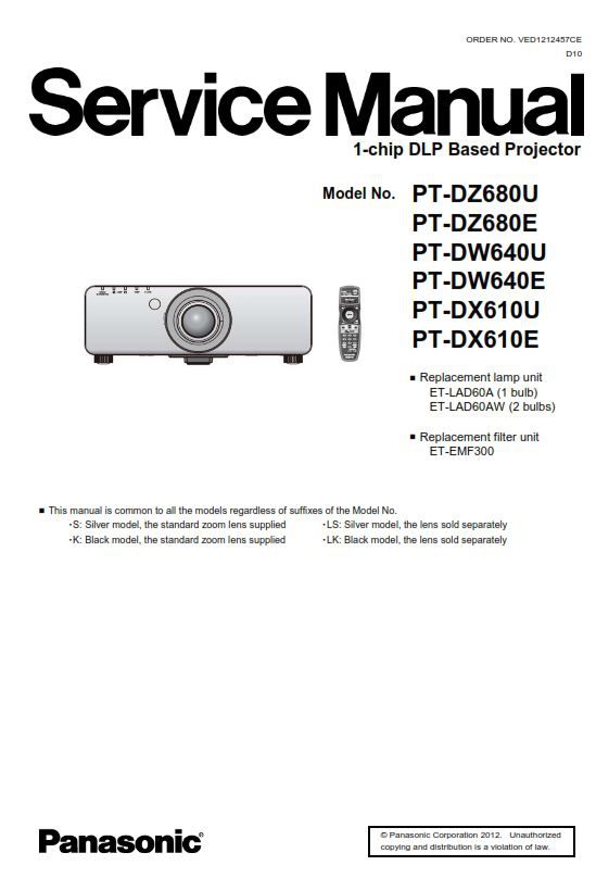 Panasonic PT DZ680 DW640 DX610 Projector Service Repair Manual