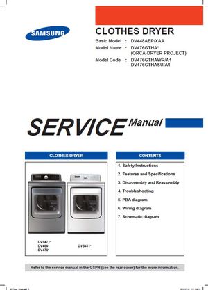 Samsung DV476GTHAWR DV476GTHASU Dryer Service Manual Repair Guide