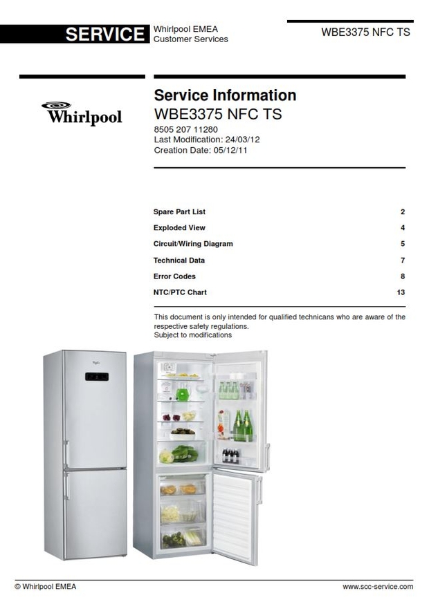 Whirlpool WBE3375 NFC TS Refrigerator Service Manual