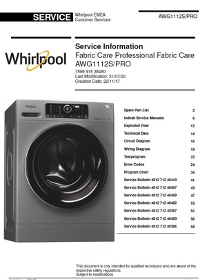 Whirlpool AWG 1112 S PRO Washing Machine Service Manual and Technicians Guide
