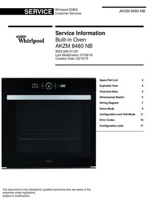 Whirlpool AKZM 8480 NB Built-in Oven Service Manual and Technicians Guide