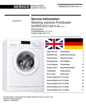 Bauknecht Super Eco 6414 A+++ Washing Machine Service Manual