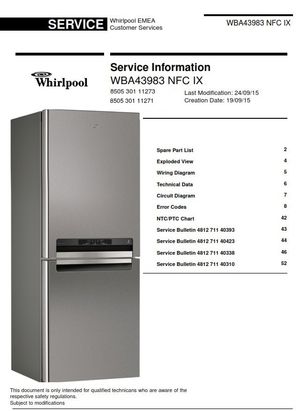 Whirlpool WBA43983 NFC IX Refrigerator Service Manual