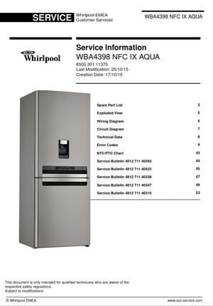 Whirlpool WBA4398 NFC IX AQUA refrigerator Service Manual