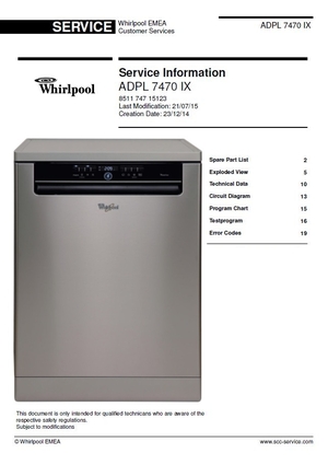 Whirlpool ADPL 7470 IX Dishwasher Service Information Manual &amp; Technicians Guide