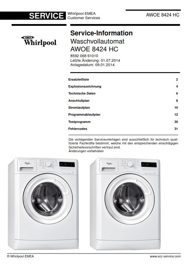 Whirlpool AWOE 8424 HC Washing Machine Service Manual and Technicians Guide