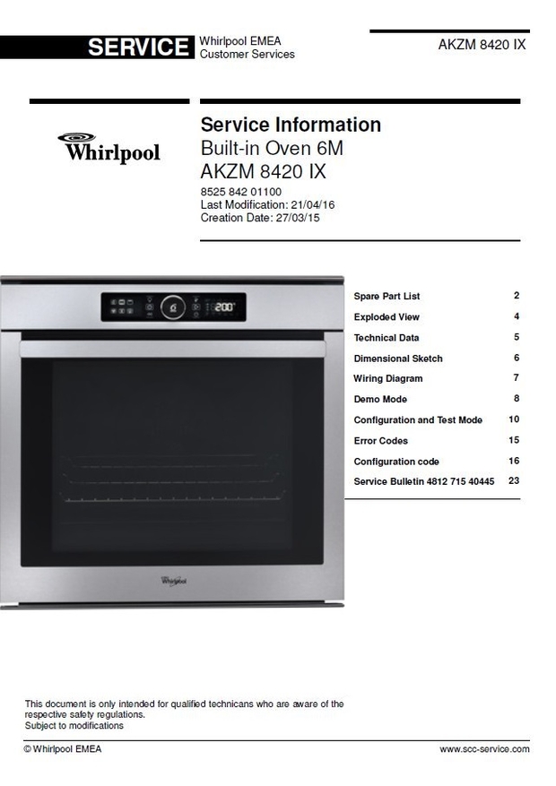 Whirlpool AKZM 8420 IX Built-in Oven Service Manual and Technicians Guide