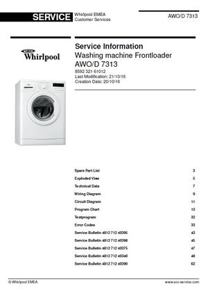 Whirlpool AWO D 7313 Washing Machine Service Manual and Technicians Guide