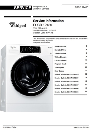 Whirlpool FSCR 12430 Washing Machine Service Manual and Technicians Guide