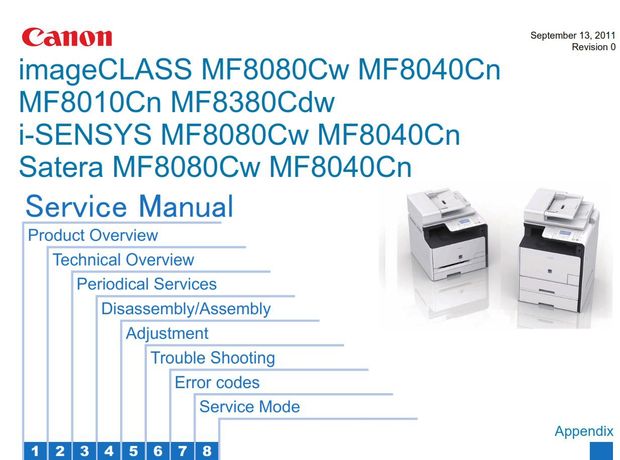 Canon imageCLASS/i-SENSYS/Satera MF8080Cw MF8040Cn MF8010Cn MF8380Cdw Service Manual