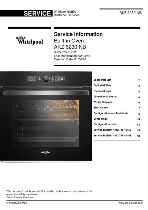 Whirlpool AKZ 6230 NB Built-in Oven Service Manual