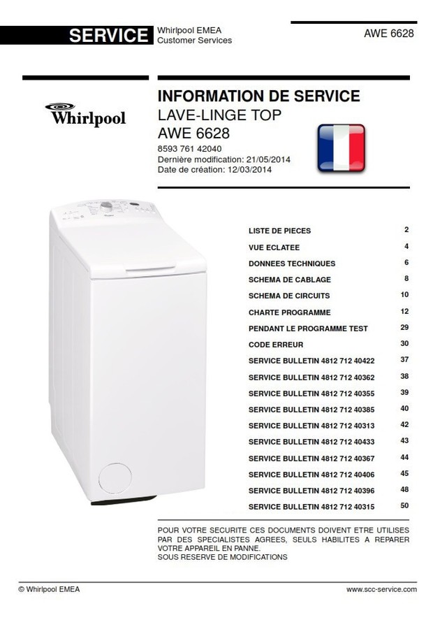 Whirlpool AWE 6628 Manuel de service Lave-linge en Francais