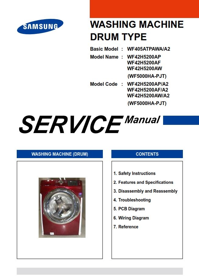 Samsung WF42H5200AP WF42H5200AF WF42H5200AW Washer Ser