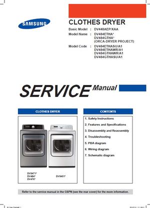 Samsung DV484ETHAWR DV484ETHASU Dryer Service Manual Repair Guide