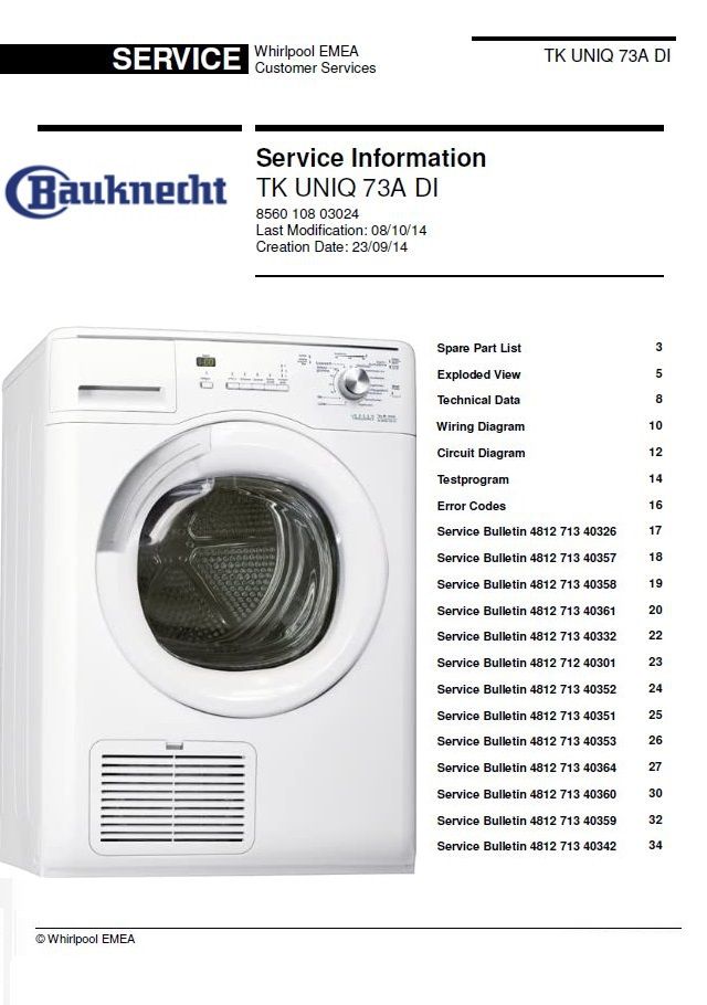 Bauknecht Tk Uniq 81b Di Fehlermeldung F04 Bauknecht TK UNIQ 73A Di Dryer Service Manual and Technicians Guide