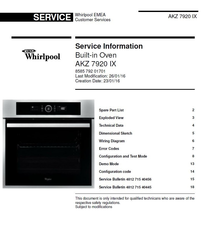Whirlpool AKZ 7920 IX Builtin Oven Service Technician