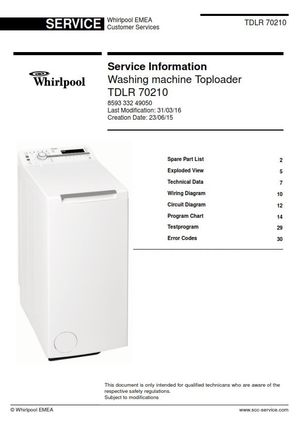 Whirlpool TDLR 70210 washing machine service manual