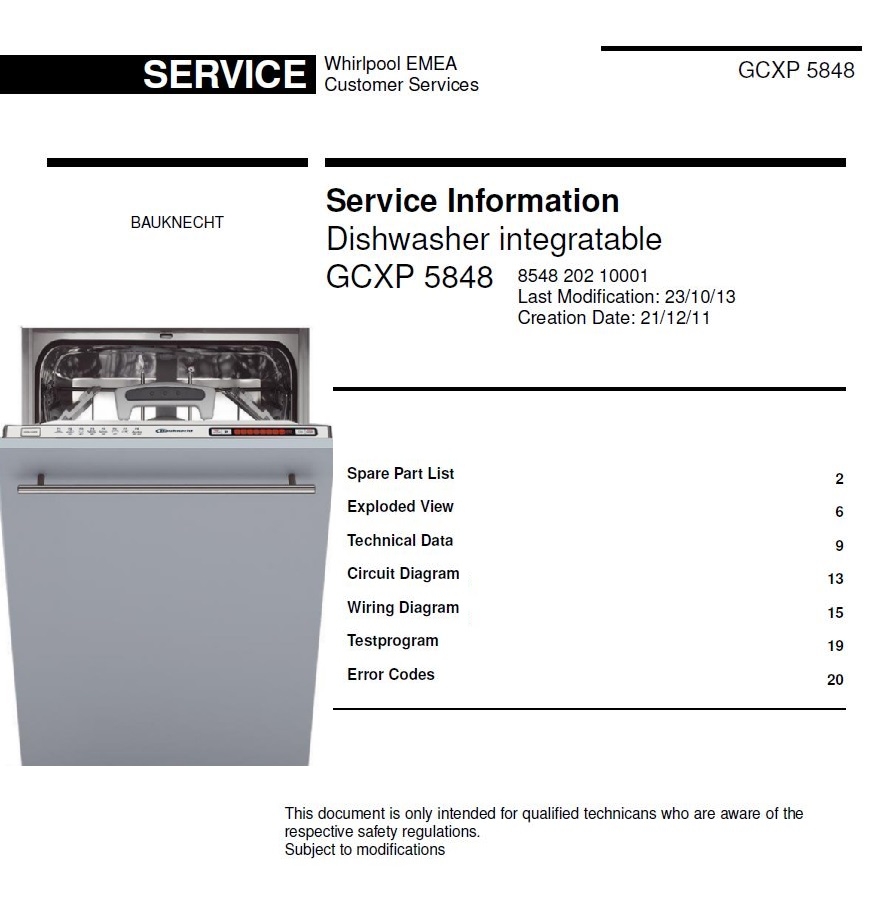 Bauknecht GCXP 5848 Dishwasher Service Manual & Techn