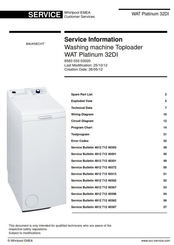 Bauknecht WAT Platinum 32DI Washing Machine Service Ma