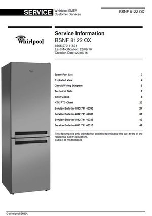 Whirlpool BSNF 8122 OX Refrigerator Service Manual