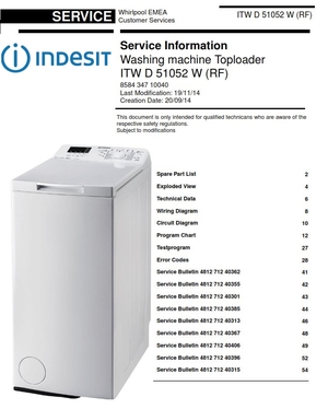 Indesit ITW D 51052 W (RF) Washing Machine Service Manual 