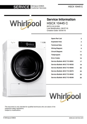 Whirlpool HSCX 10445 C Dryer Service Manual and Technicians Guide
