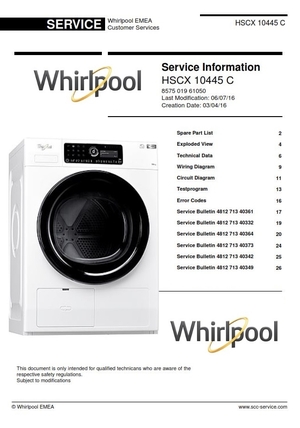 Whirlpool HSCX 10445 C Dryer Service Manual and Technicians Guide