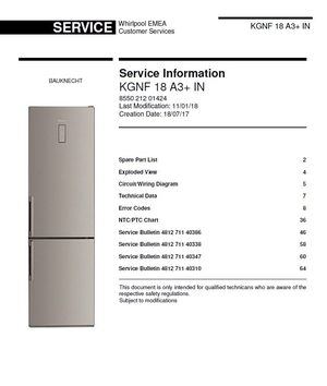 Bauknecht KGNF 18 A3+ Refrigerator Service Manual