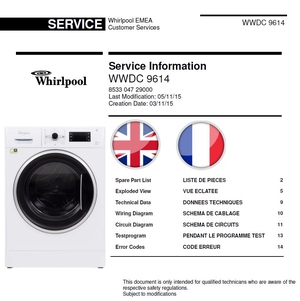 Whirlpool WWDC 9614 Washing Machine Service Manual and Technicians Guide