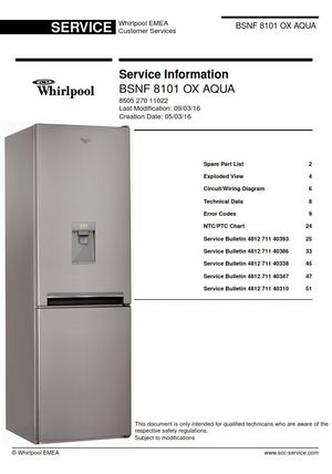 Whirlpool BSNF 8101 OX AQUA Refrigerator Service Manual 