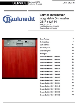 Bauknecht GSIP 6127 IN Dishwasher Service Manual &amp; Technicians Guide