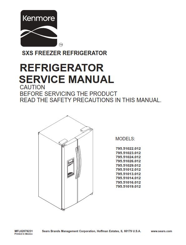 Kenmore 795 51022 51023 51024 51026 51029 012 Refrigerator Service Manual