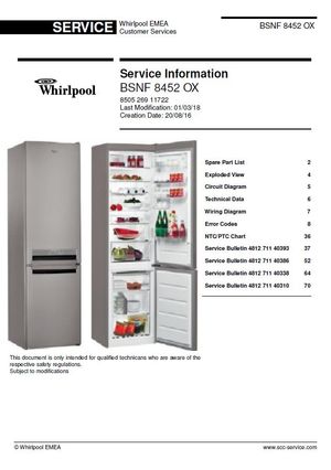 Whirlpool BSNF 8452 OX Refrigerator Service Information Manual 
