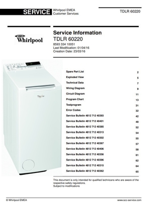Whirlpool  TDLR 60220 Washing Machine Service Manual and Technicians Guide