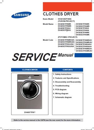 Samsung DV405GTPASU DV405GTPAWR Dryer Service Manual Repair Guide