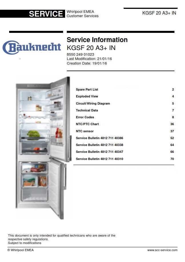 Bauknecht Kgsf 18 A3+ In Kühl Gefrierkombination Bauknecht KGSF 20 A3+ IN Refrigerator Service Manual