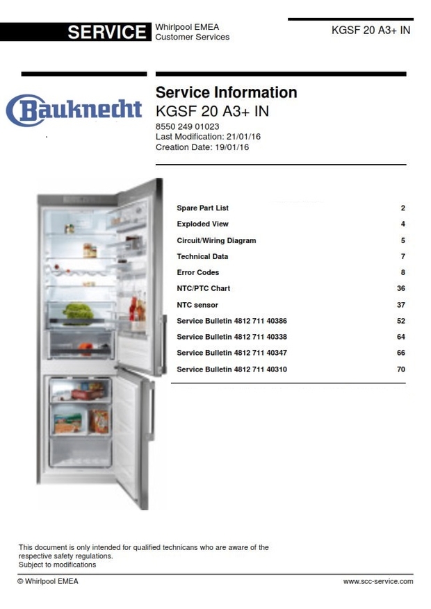 Bauknecht KGSF 20 A3+ IN Refrigerator Service Manual