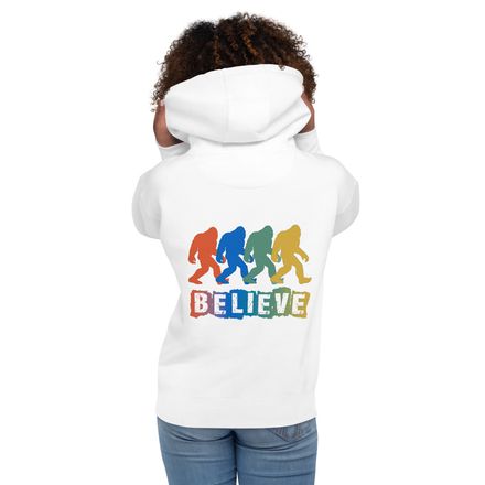 Bigfoot &quot;Believe&quot; Hoodie – Colorful Sasquatch Graphic Sweatshirt Back Print