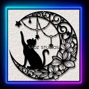 Cat Moon Stars Wall Art Space Kitty Home Decor