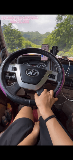 Truck Driving and Pedal Pumping in Black Stockings
