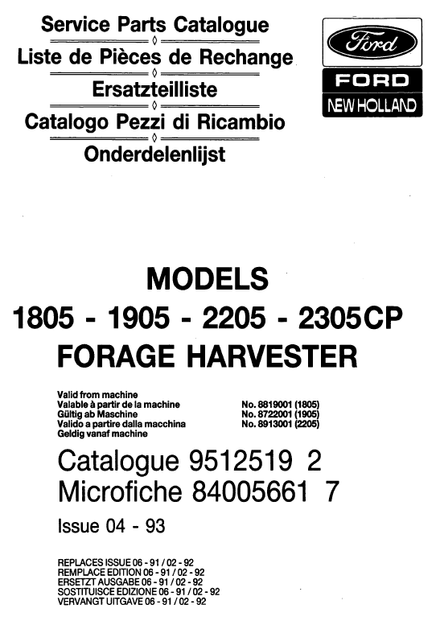 New Holland 1805 1905 2205 2305CCP Forage Harvester - Parts Catalog