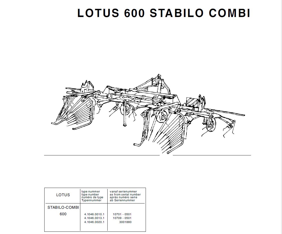 Lely Lotus 600 Stabilo Combi Rotary Tedder Parts Catalog,Lely