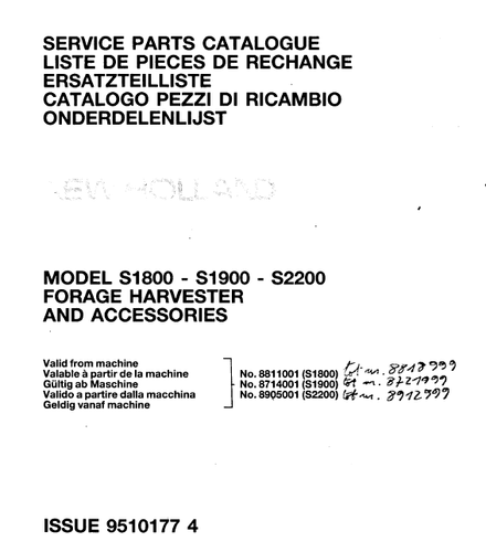 New Holland S1800 S1900 S2200 Forage Harvester - Parts Catalog