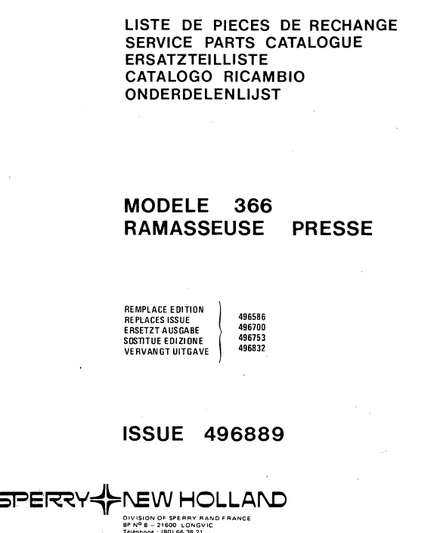 New Holland Sperry 366  Baler - Parts Catalog