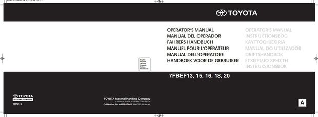 Toyota 7FBEF13,7FBEF15, 7FBEF16,7FBEF18, 7FBEF20 Electric Forklift Truck Operating Manual (006120-C)