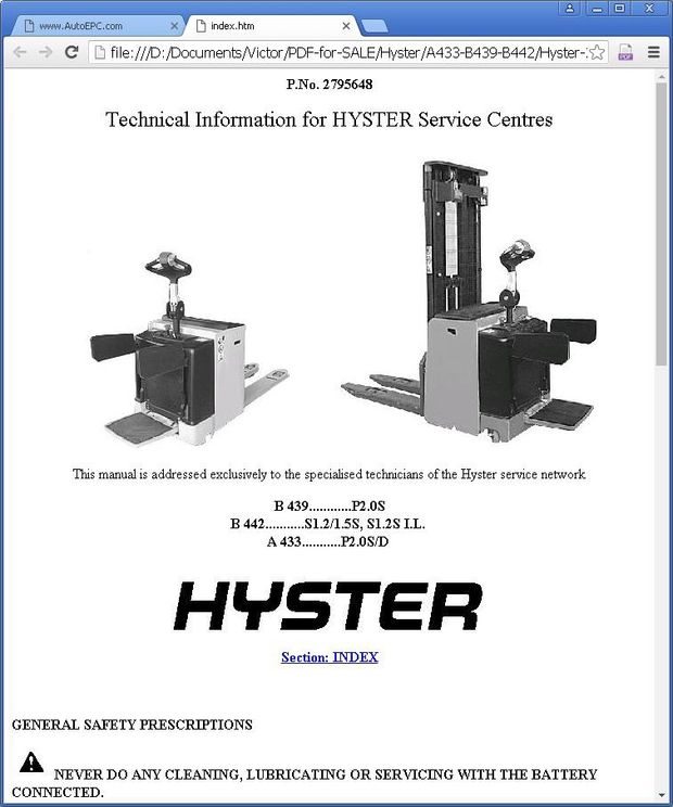 Hyster P2.0SD, P2.0S, S1.2S, S1.5S Pallet Stacker A433, B439, B442 Series Workshop Service Manual