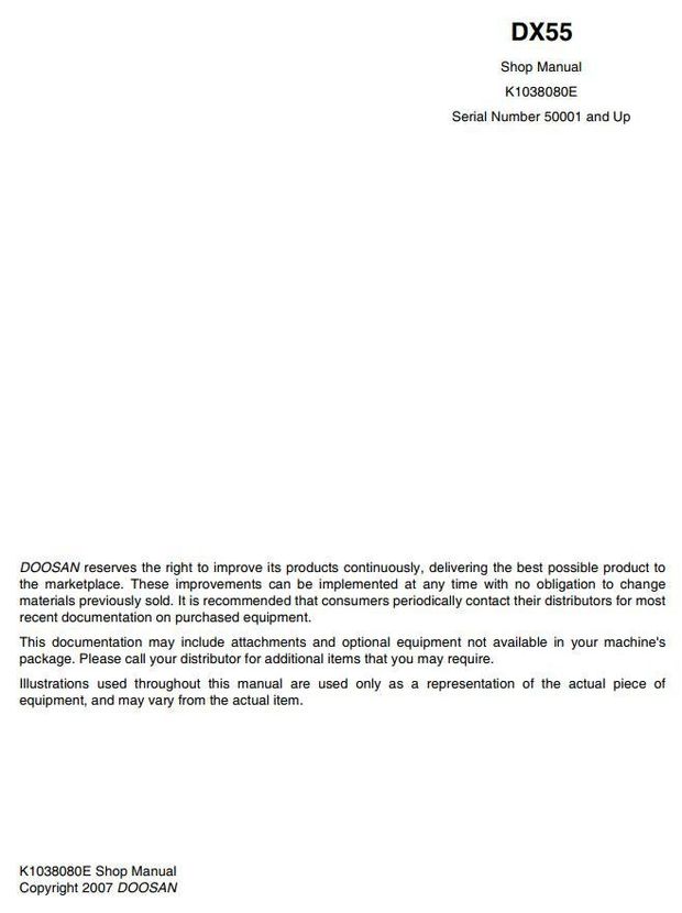 Doosan DX55 (SN. from 50001) Excavator Workshop Service Manual