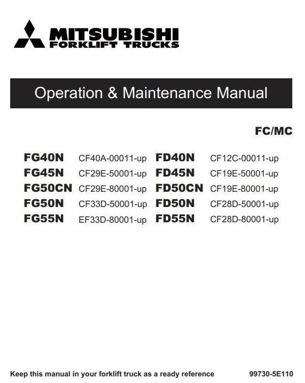Mitsubishi FD40N, FD45N, FD50CN, FD50N, FD55N Diesel Forklift Truck Operating, Maintenance Manual
